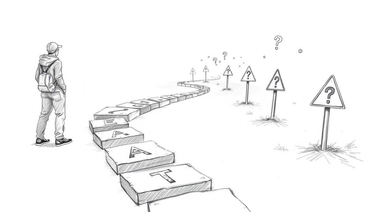 пользователь идет по дороге из камней E-A-T