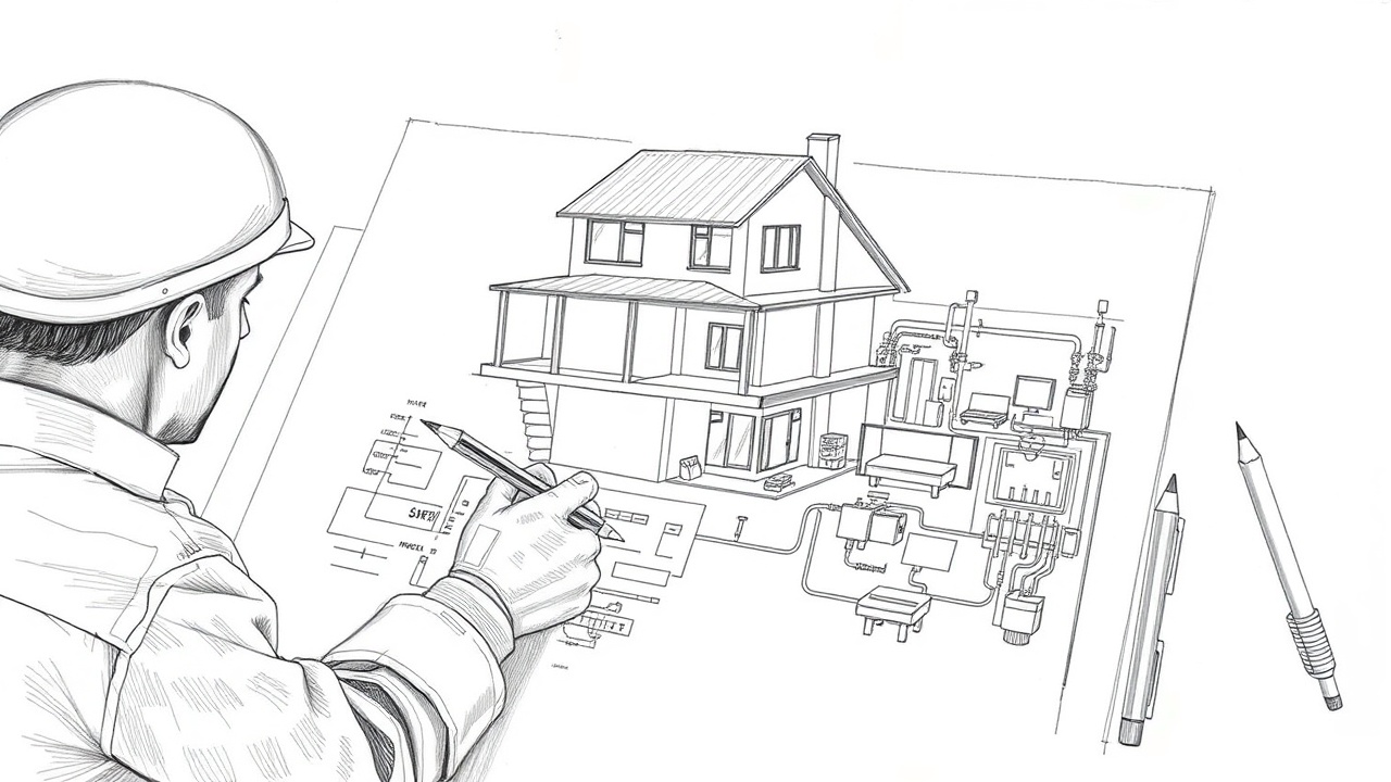 архитектор чертит дом для людей и схемы для машин