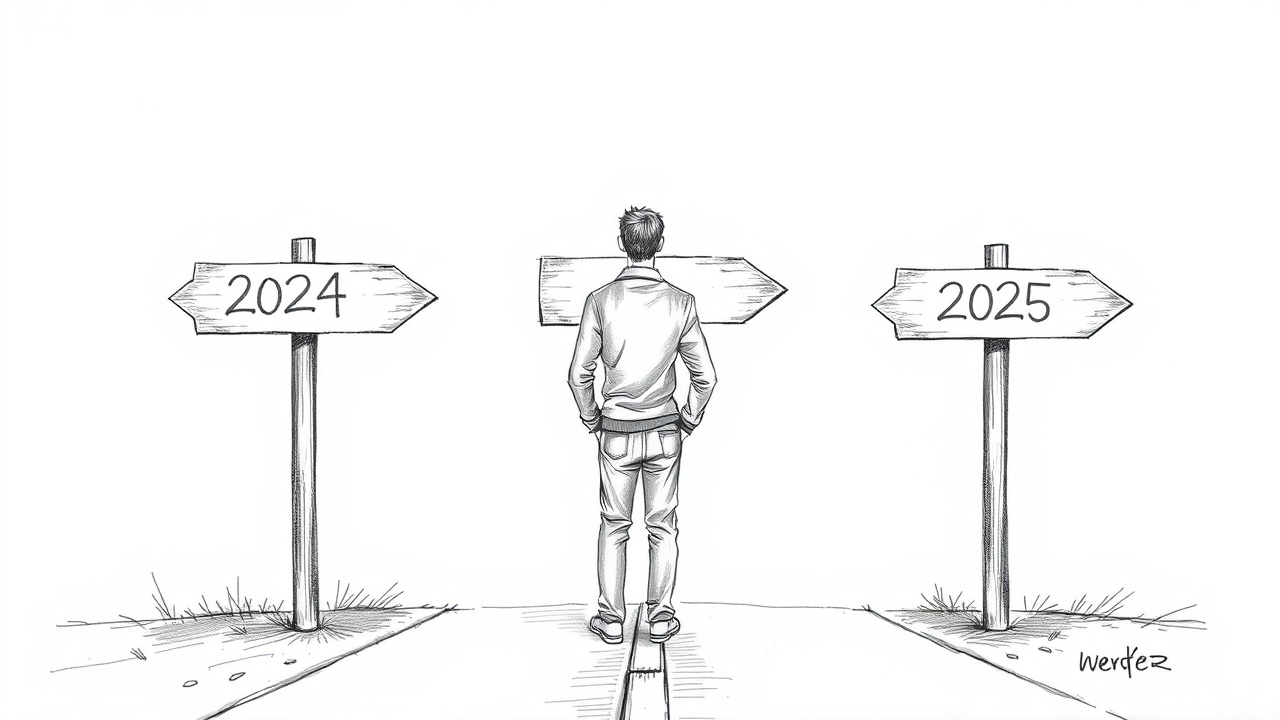 маркетолог на перепутье с указателями годов