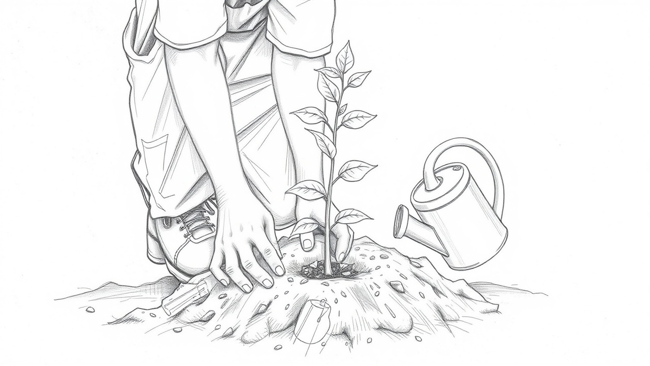 садовник сажает молодое дерево в плодородную почву