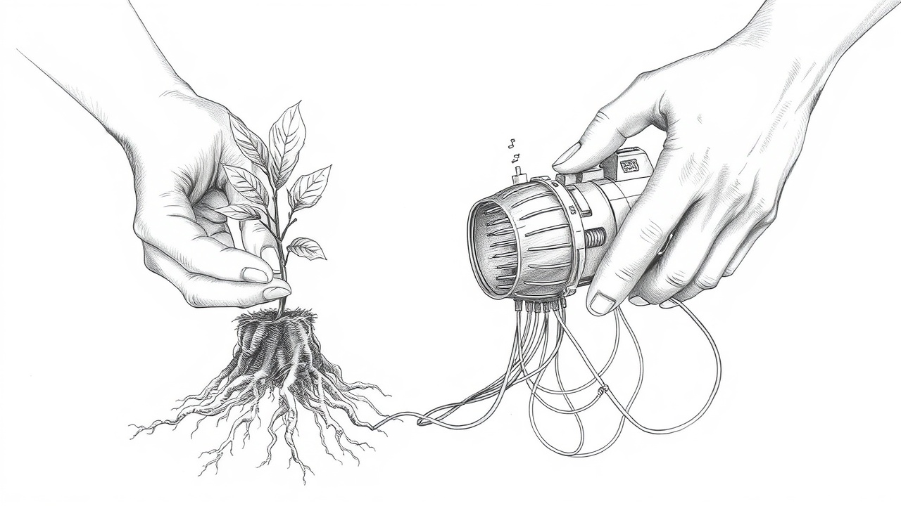Руки сажают дерево и заправляют мотор, симбиоз трафика