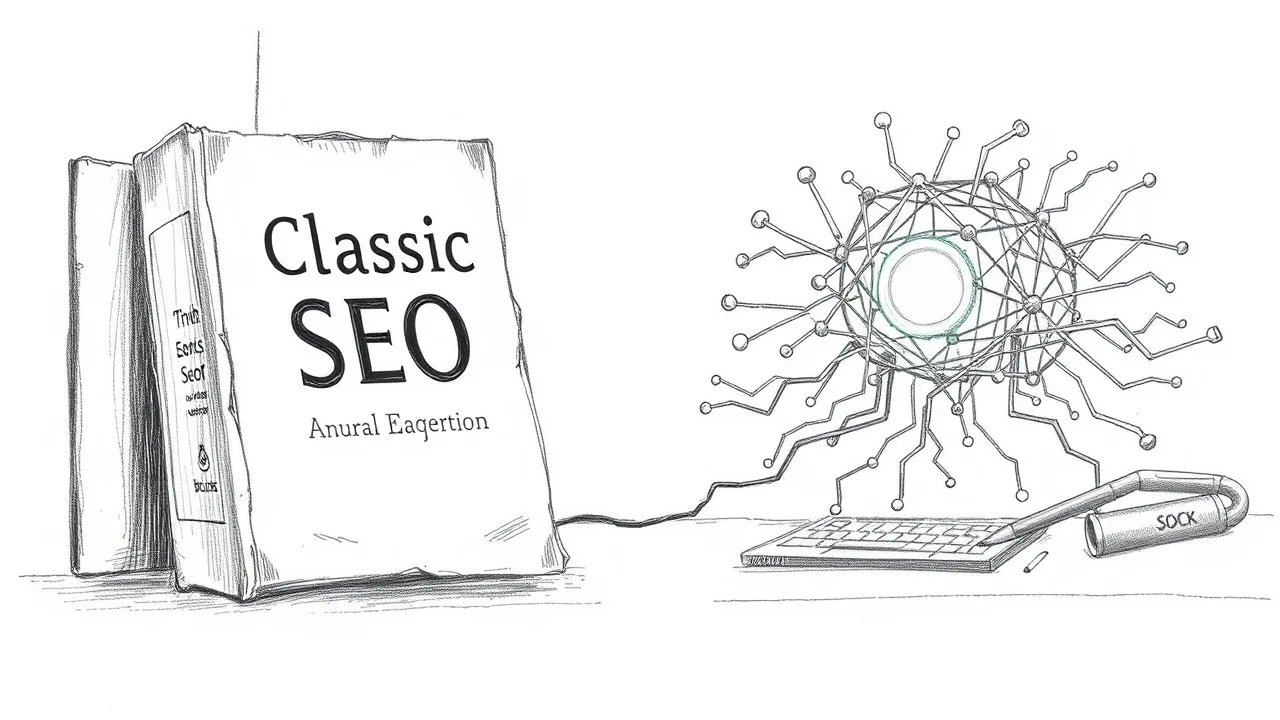 Старая книга SEO и светящаяся нейросеть на столе