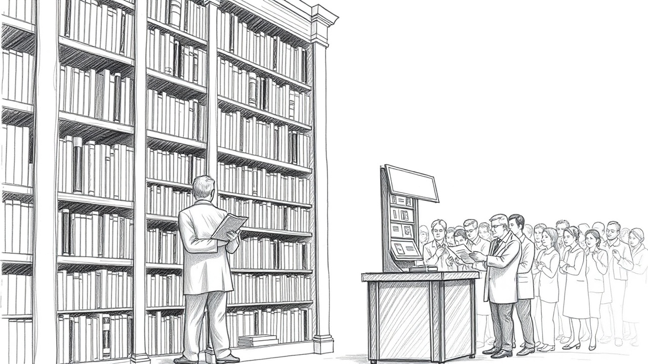 библиотекарь упорядочивает книги, продавец газет