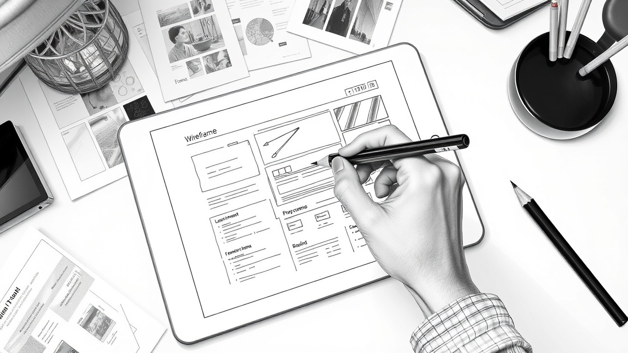 дизайнер создает wireframe сайта на планшете