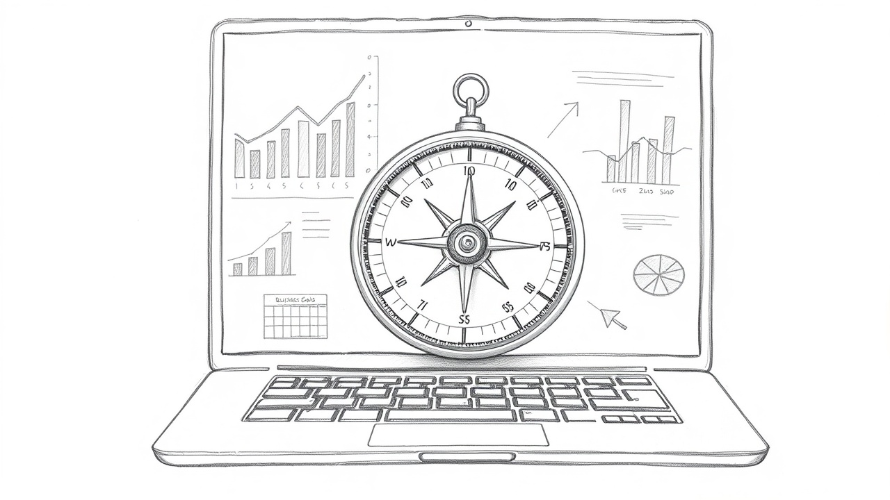 Компас на экране ноутбука, указывающий на бизнес-цели