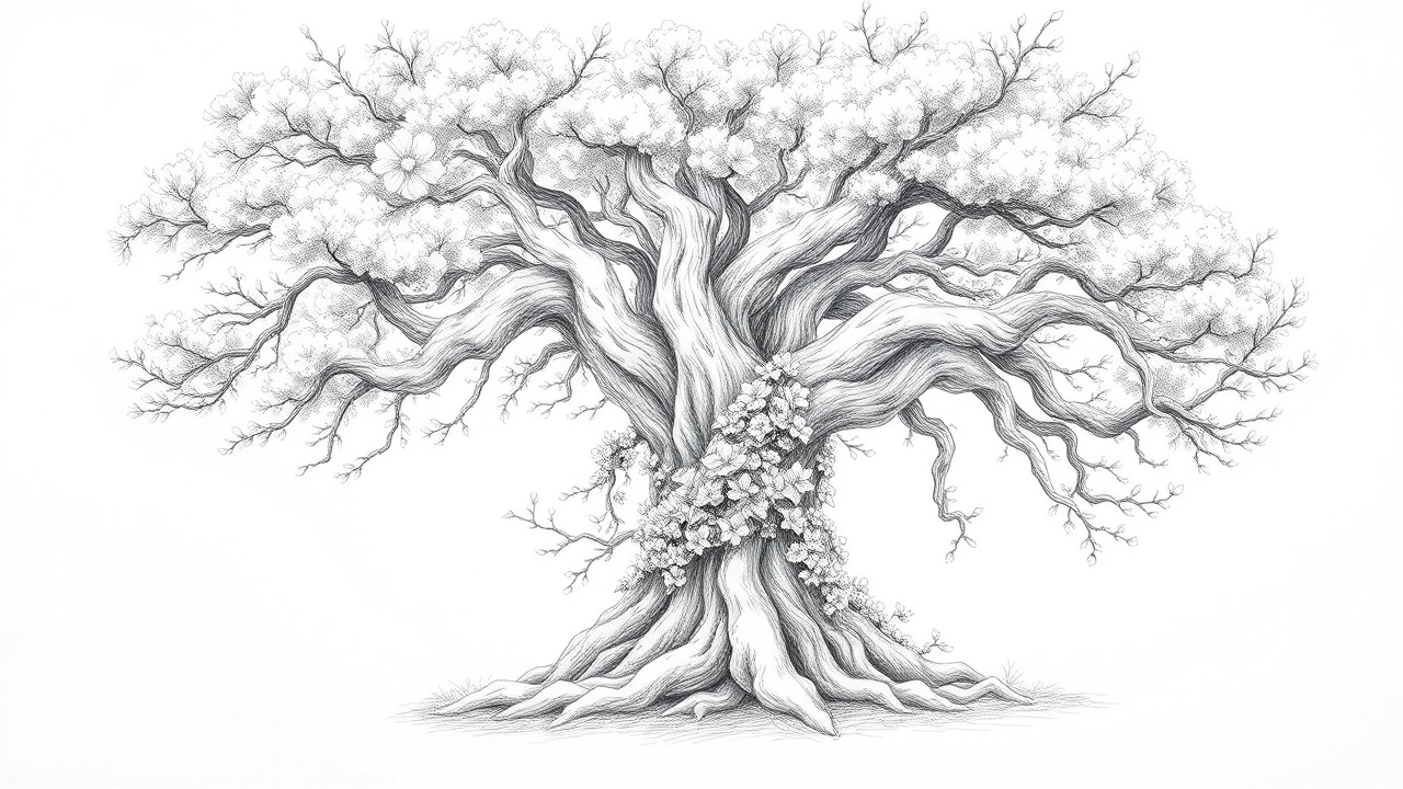 дерево с глубокими корнями и цветущая лиана