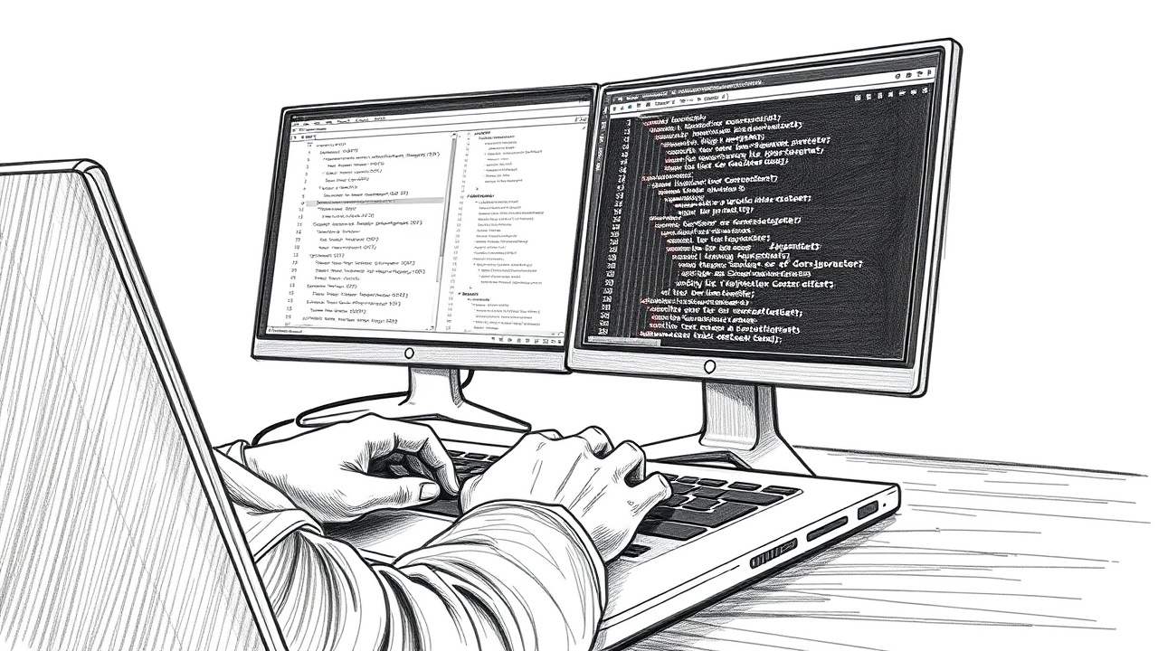 разработчик пишет код на нескольких мониторах