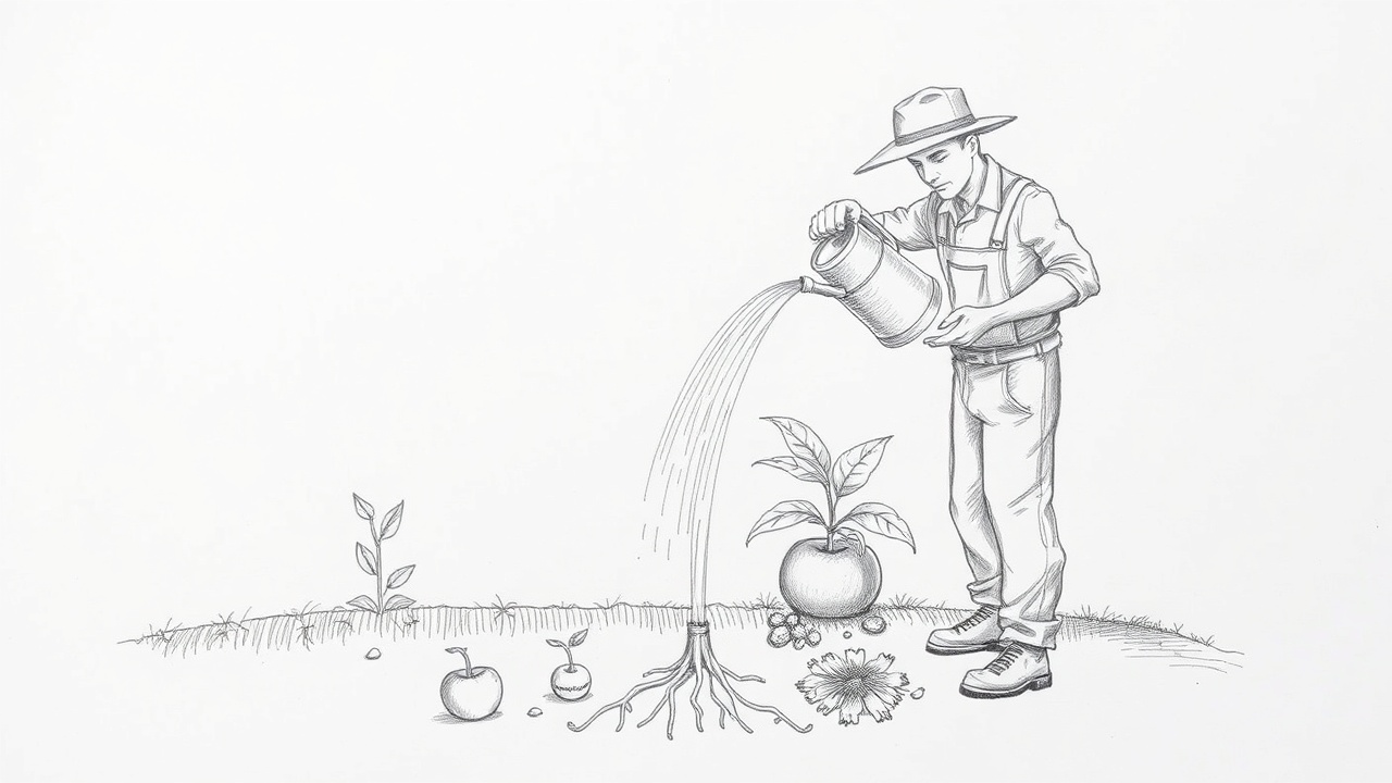 Садовник поливает растение с двумя системами питания