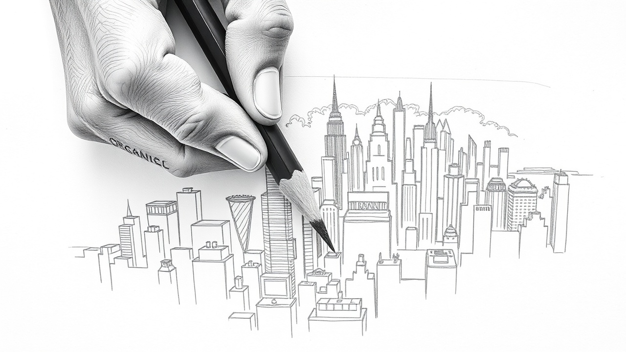 Рука смешивает карандаши 'Органика' и 'Платный' в рисунке