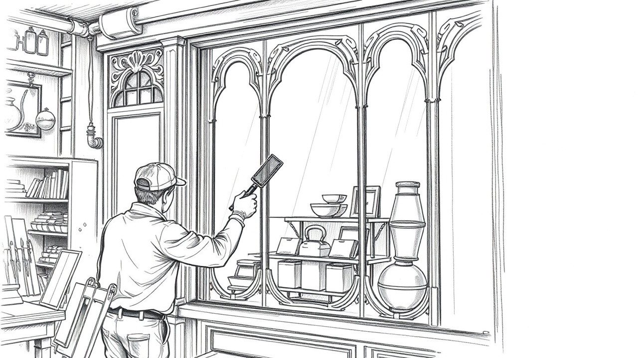 мастер полирует витрину магазина до блеска