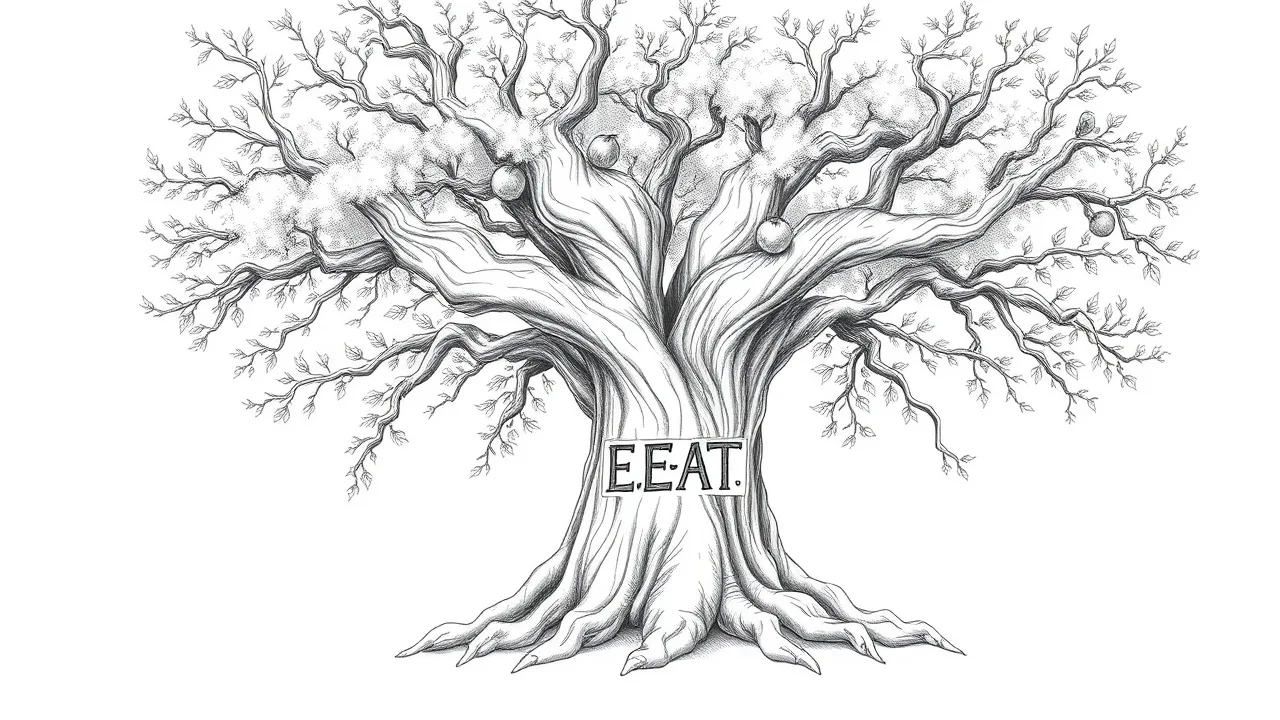 Древо знаний E-E-A-T с корнями и плодами