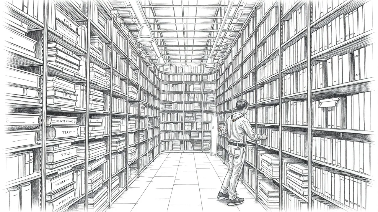 Библиотекарь индексирует книги в огромном каталоге