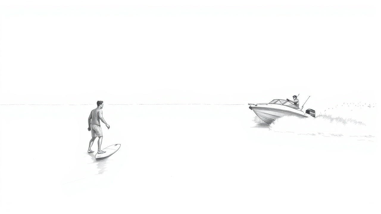 серфер ждет волну, рядом моторная лодка