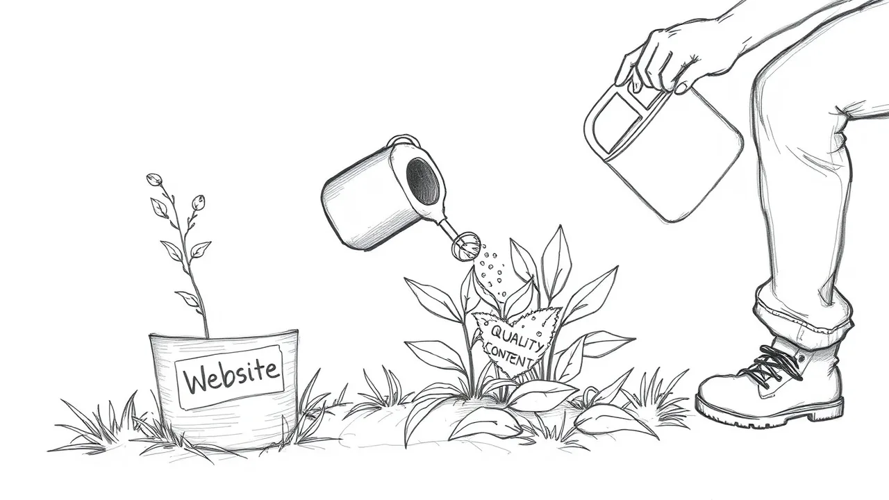 садовник поливает растение-сайт качественным контентом