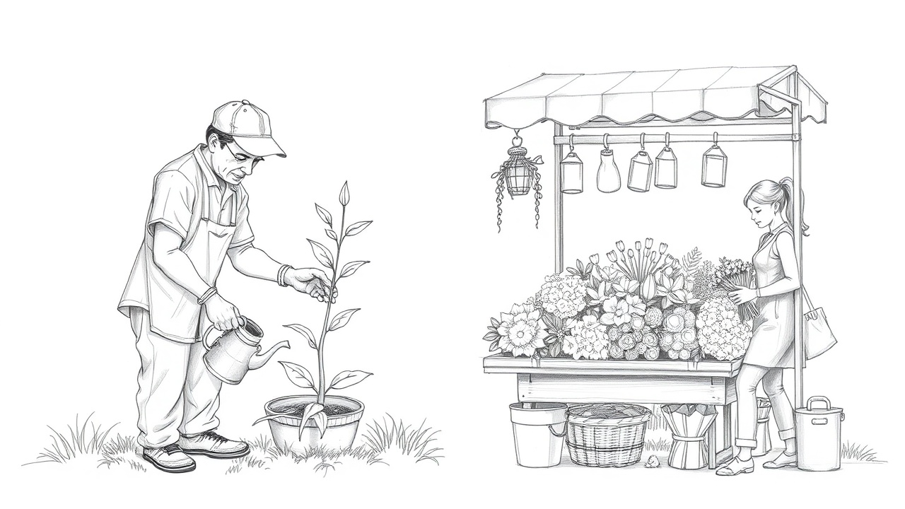 садовник поливает саженец, рядом флорист продает букеты