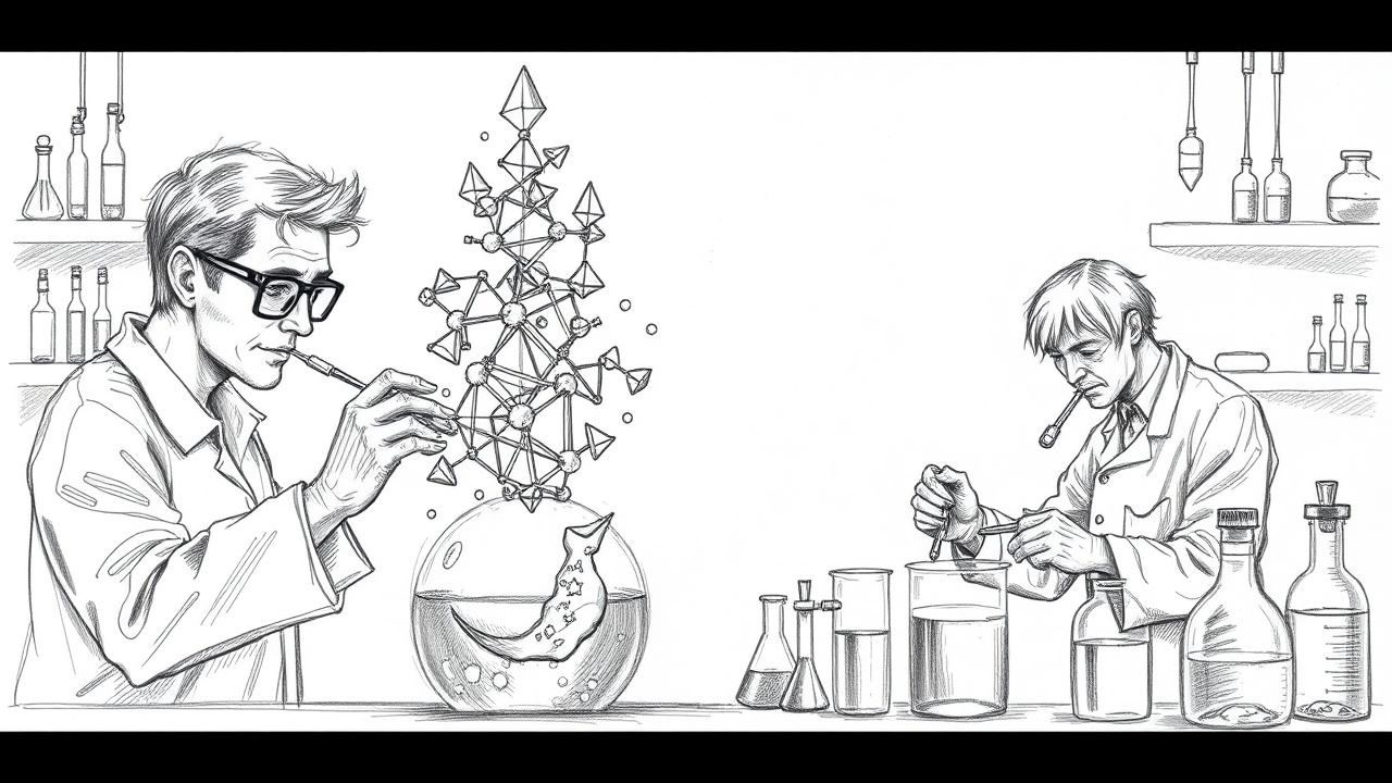 ученый выращивает кристалл, химик смешивает реактивы